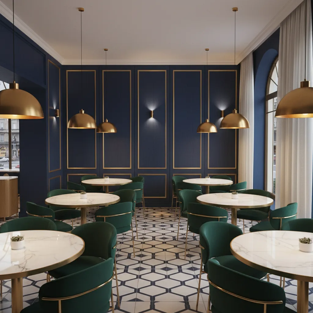 Upscale dining room with navy walls and gold pendant lights