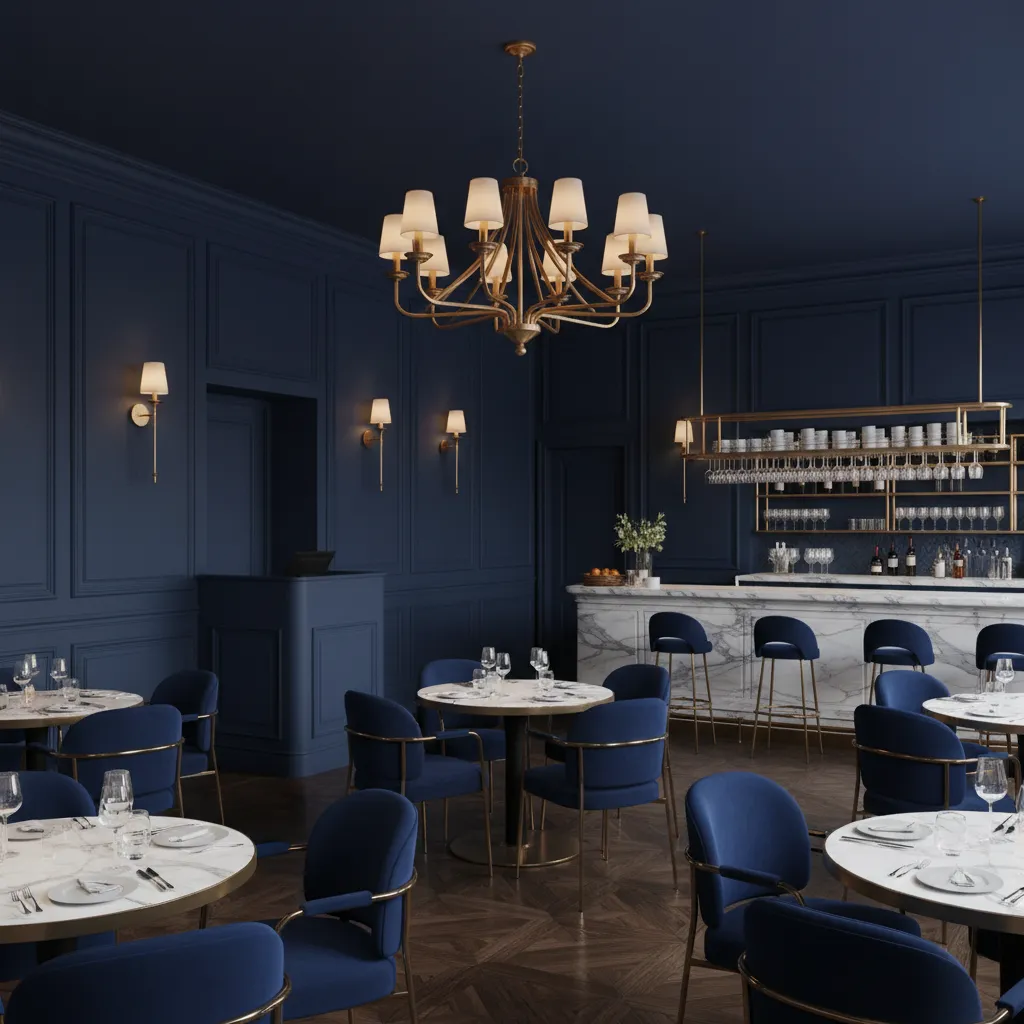 Restaurant Interior Design Using Navy and Gold Themes