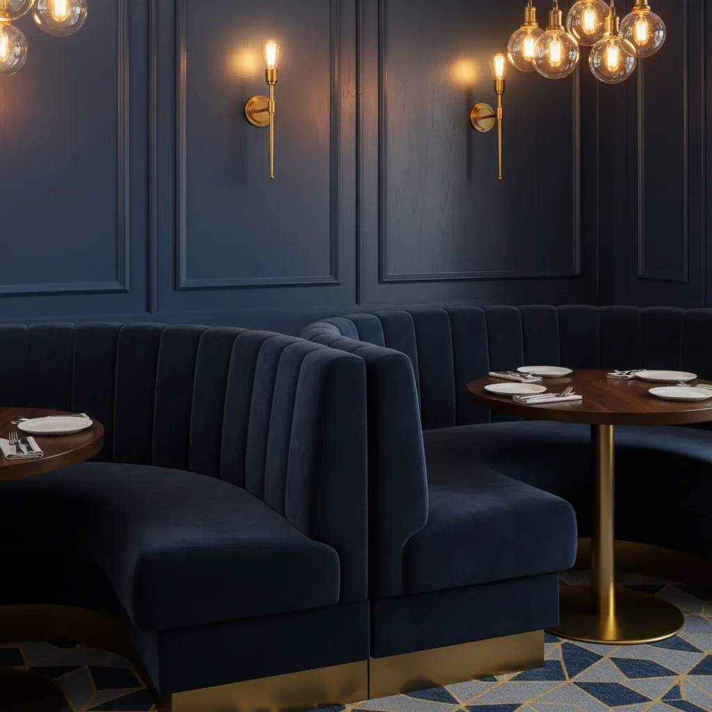 Close view of navy restaurant booth seating with brass wall sconces