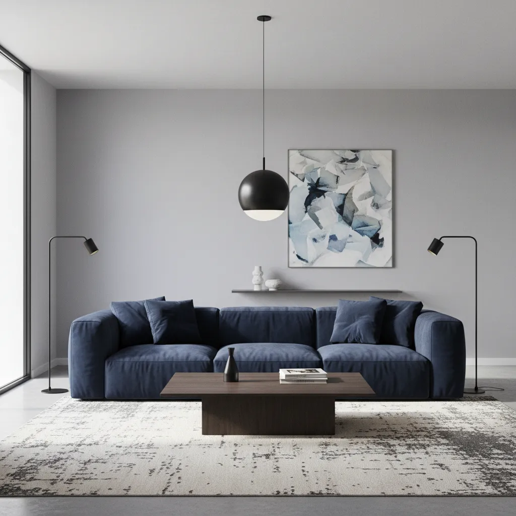 Modern living room with navy blue sofa and light gray interior palette