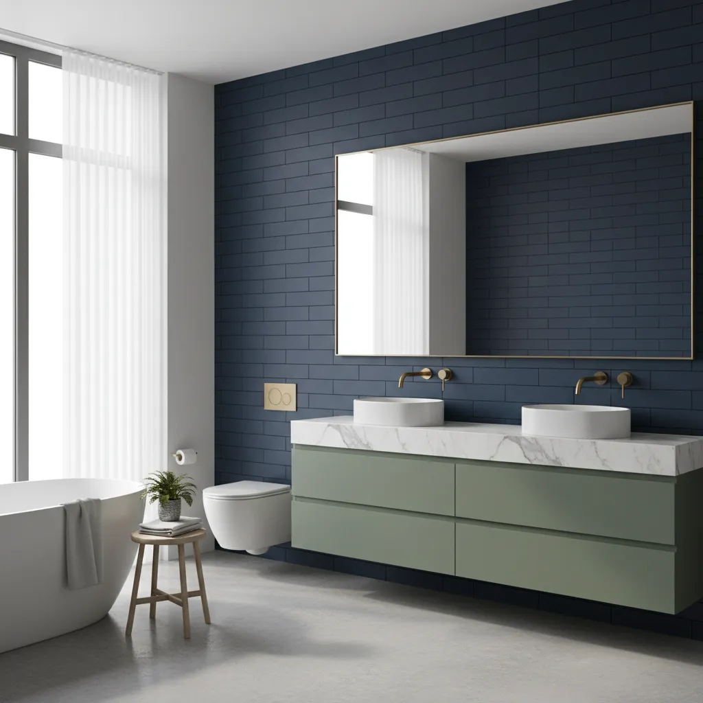 modern bathroom interior with navy tiles and green accents