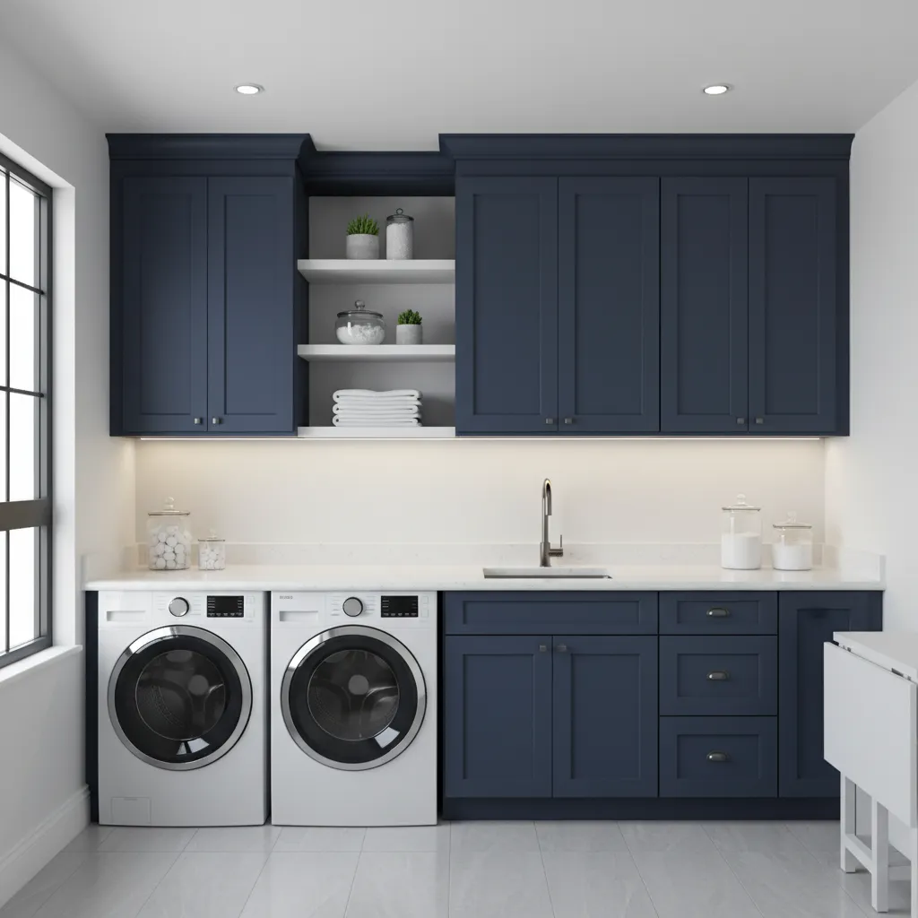 Comparison of cool white lighting enhancing navy laundry cabinets