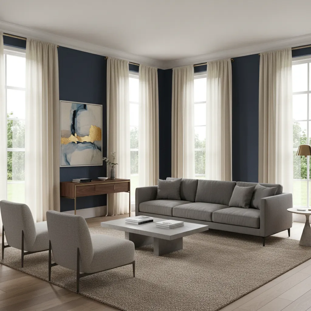 Navy blue living room with cream linen curtains and modern neutral furniture