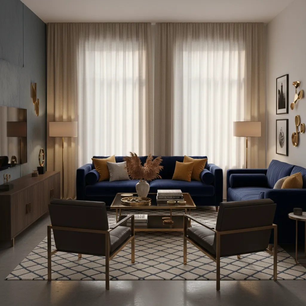Navy blue living room with textured beige curtains and modern decor