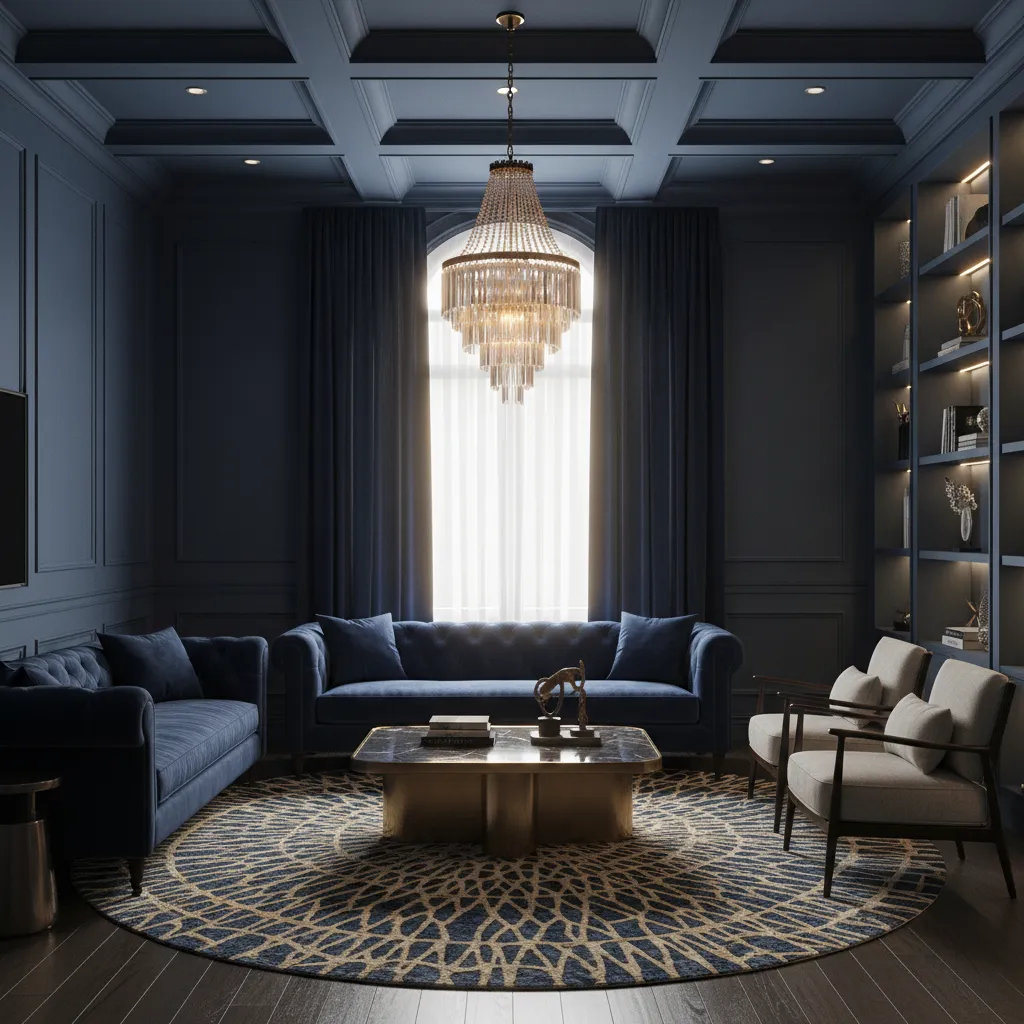 Navy blue living room with luxurious velvet curtains