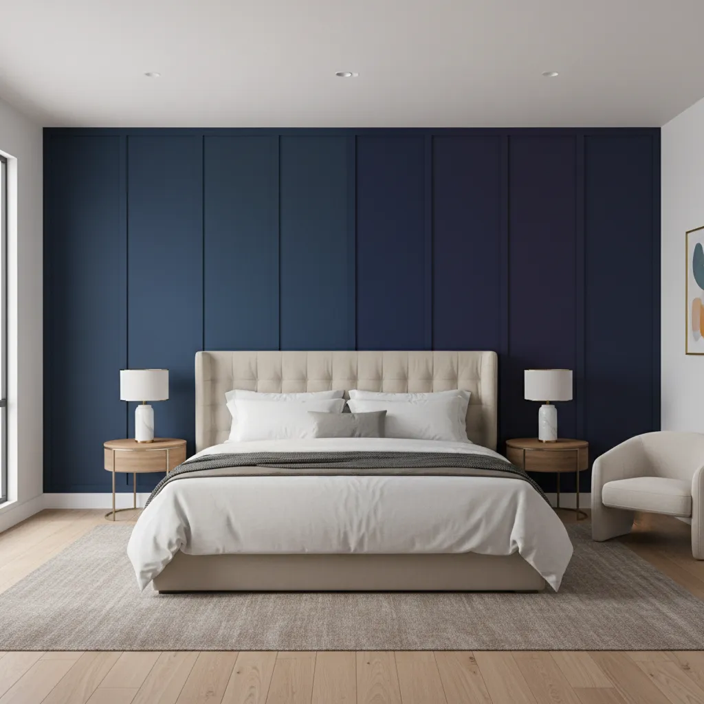 Comparison of different navy blue paint undertones on bedroom walls