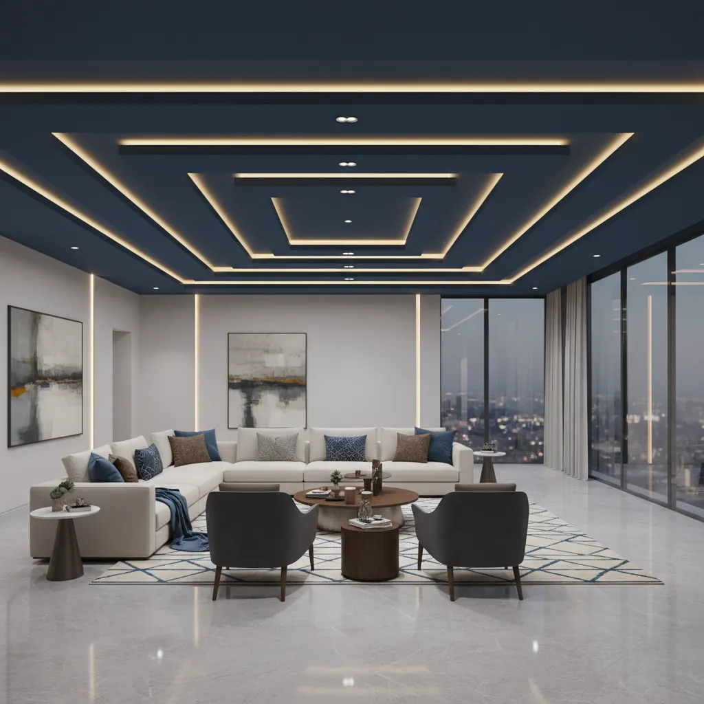 large hall interior with navy blue pop ceiling and modern lighting