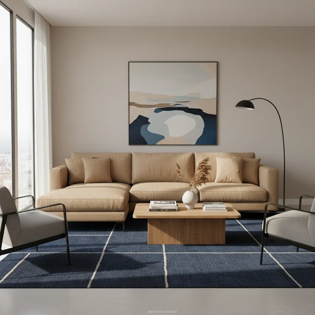 Deep navy rug paired with tan sofa in modern living room