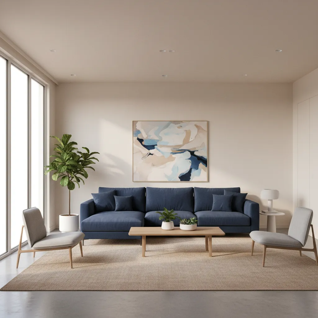 Navy blue sofa contrasting with beige carpet in modern living room