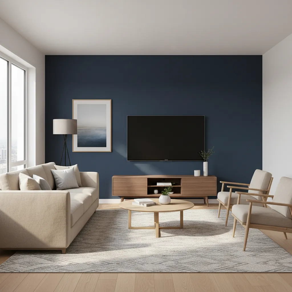 Living room with navy accent wall behind television