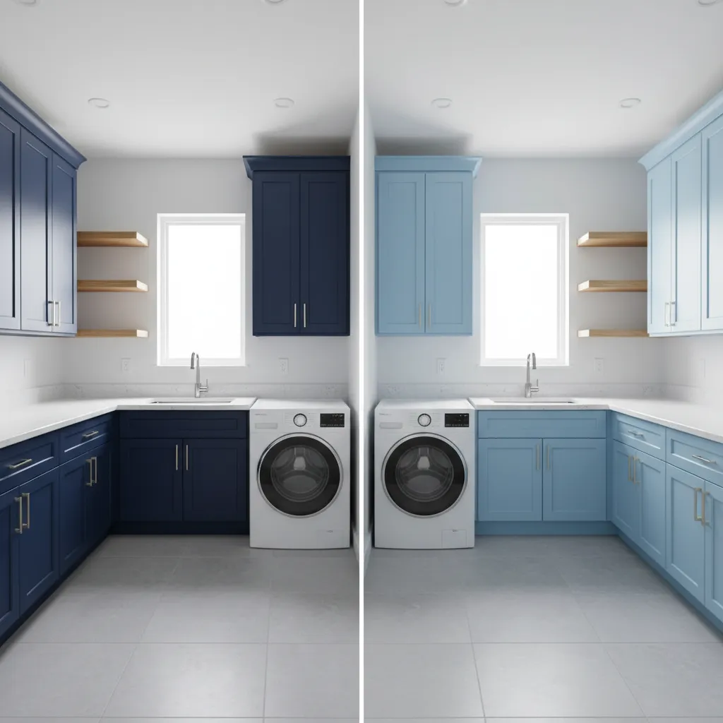 Side by side comparison of navy blue and sky blue laundry room cabinets