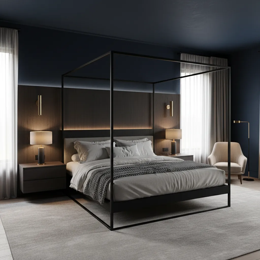 Moody bedroom with navy walls and black furniture