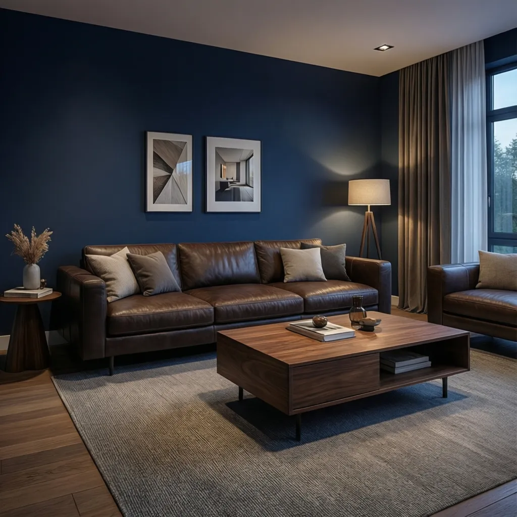 Navy blue wall behind brown leather sofa in modern living room