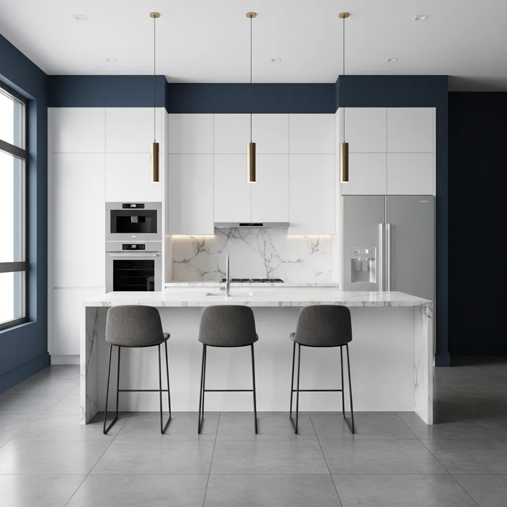 navy blue kitchen walls with white cabinets