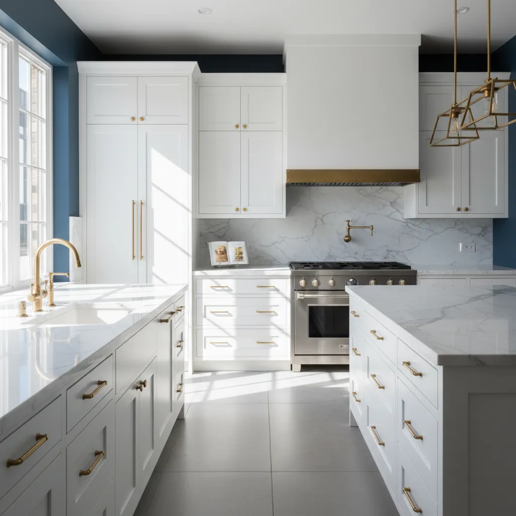 white cabinets with navy blue kitchen wall