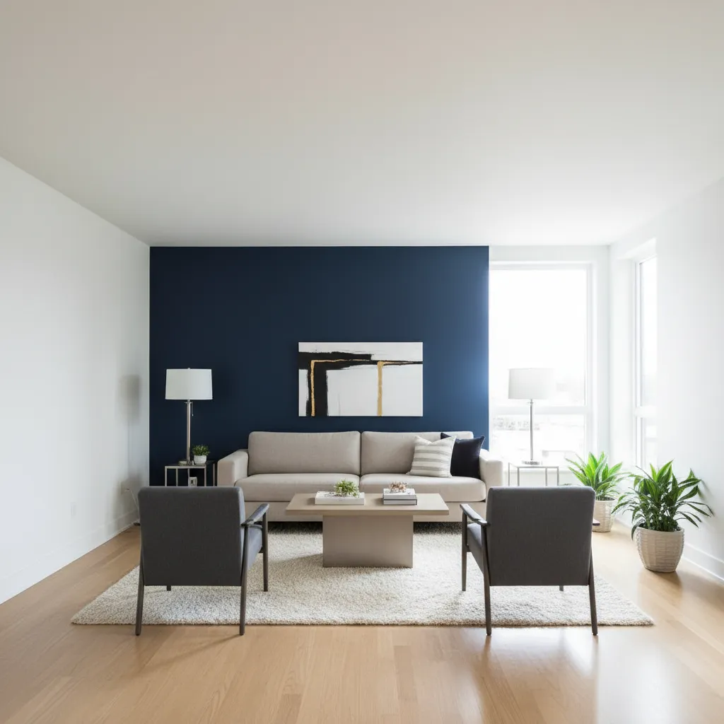Living room interior with navy accent wall and white surrounding walls