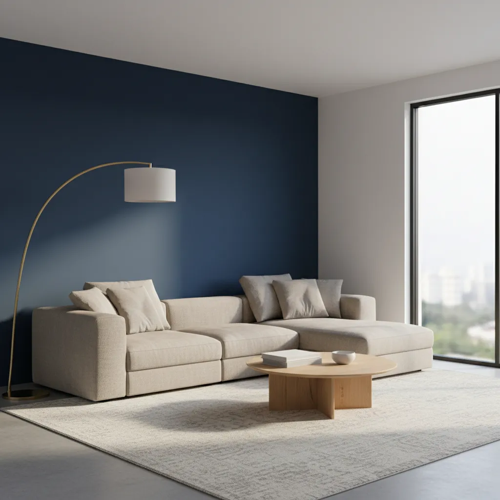 Living room with navy blue accent wall behind sofa and white surrounding walls