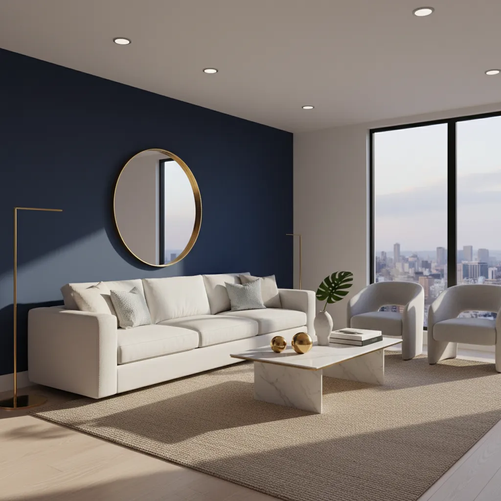 Modern living room with navy accent wall and white furniture