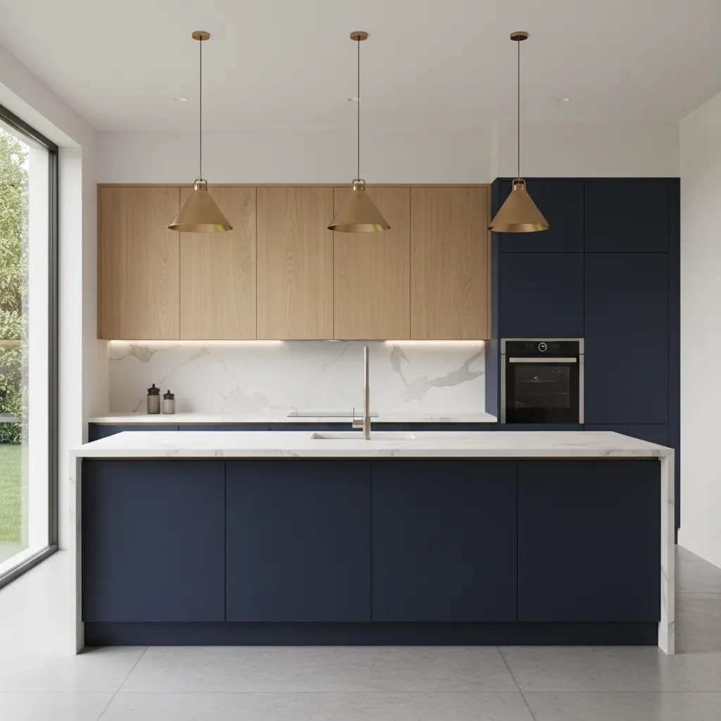 Navy blue and light wood two colour kitchen cabinet design