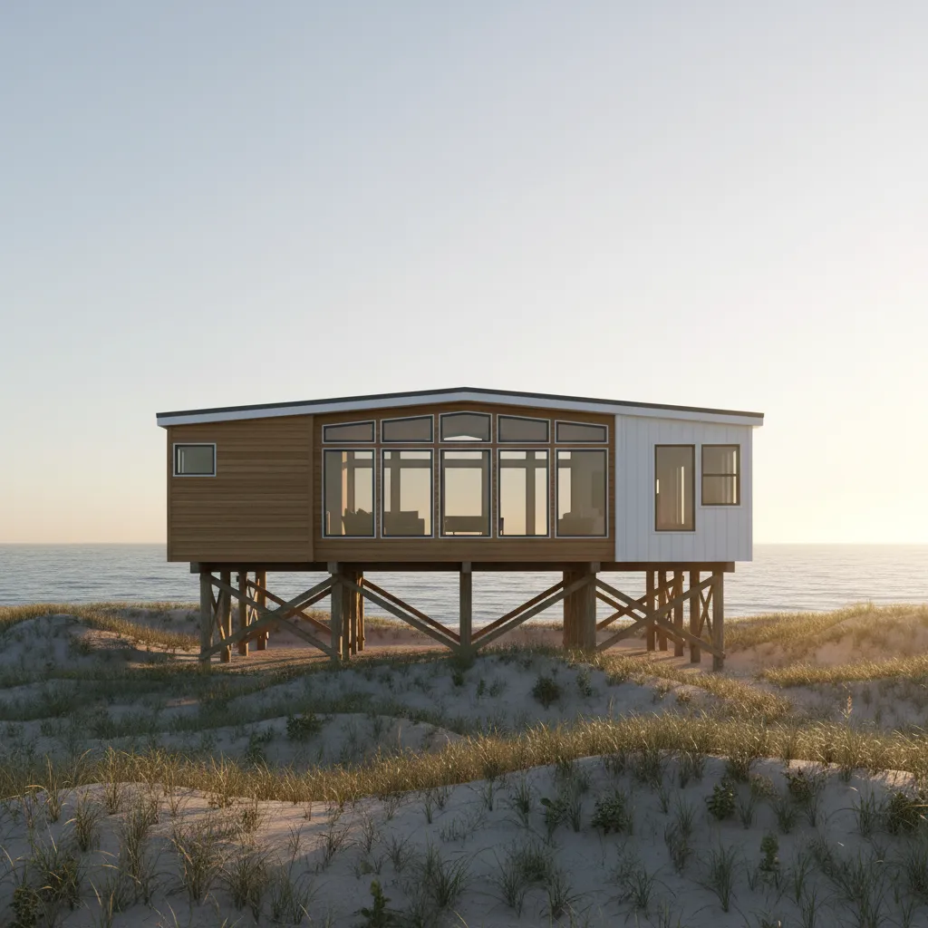 Modern modular house on wooden stilts over sand dunes with large windows at the beach