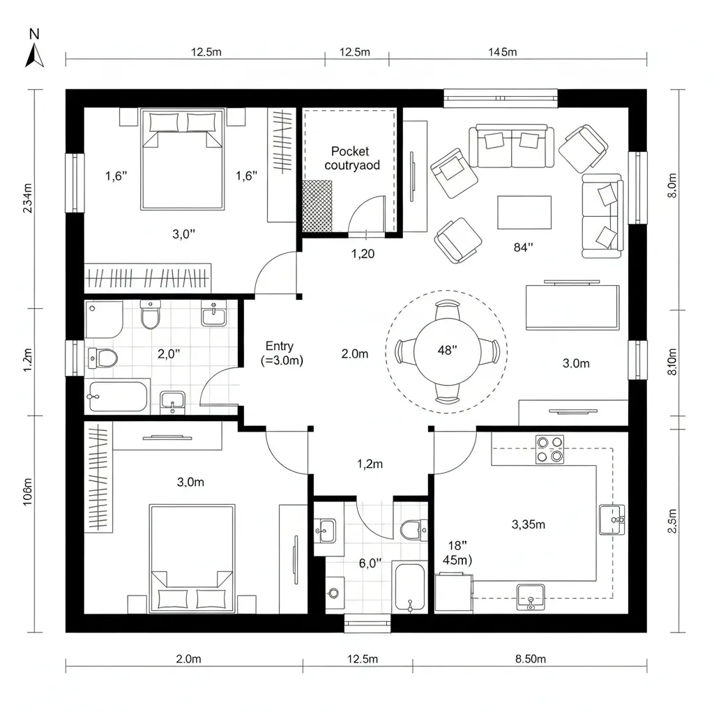 Floor plan with two bedrooms living room kitchen dining area two bathrooms and inner courtyard