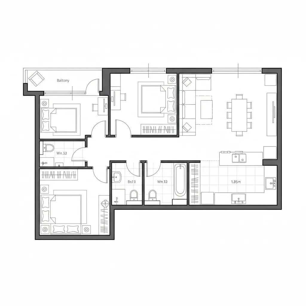 Top-down CAD plan with NE living core and SW master bedroom zones
