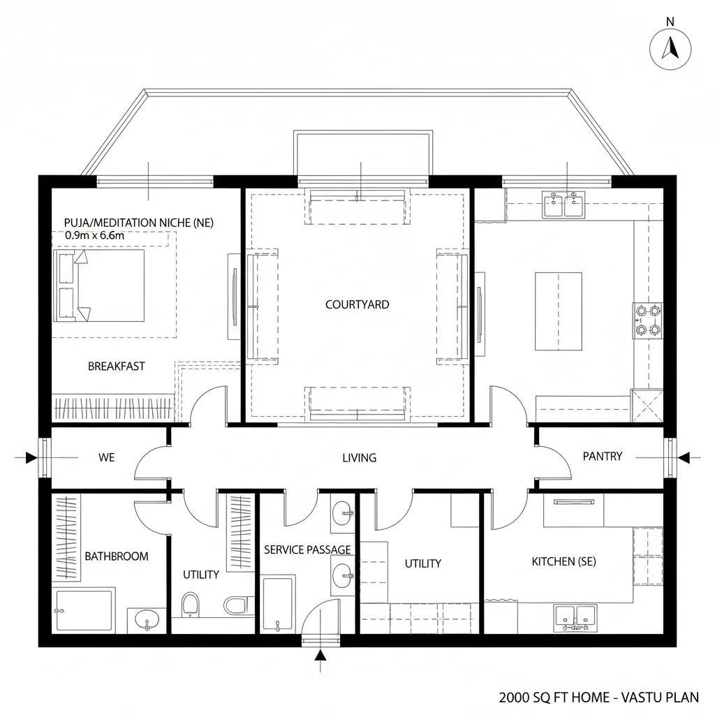 Interior design drawing showing a house layout with central courtyard kitchen living area and bathroom