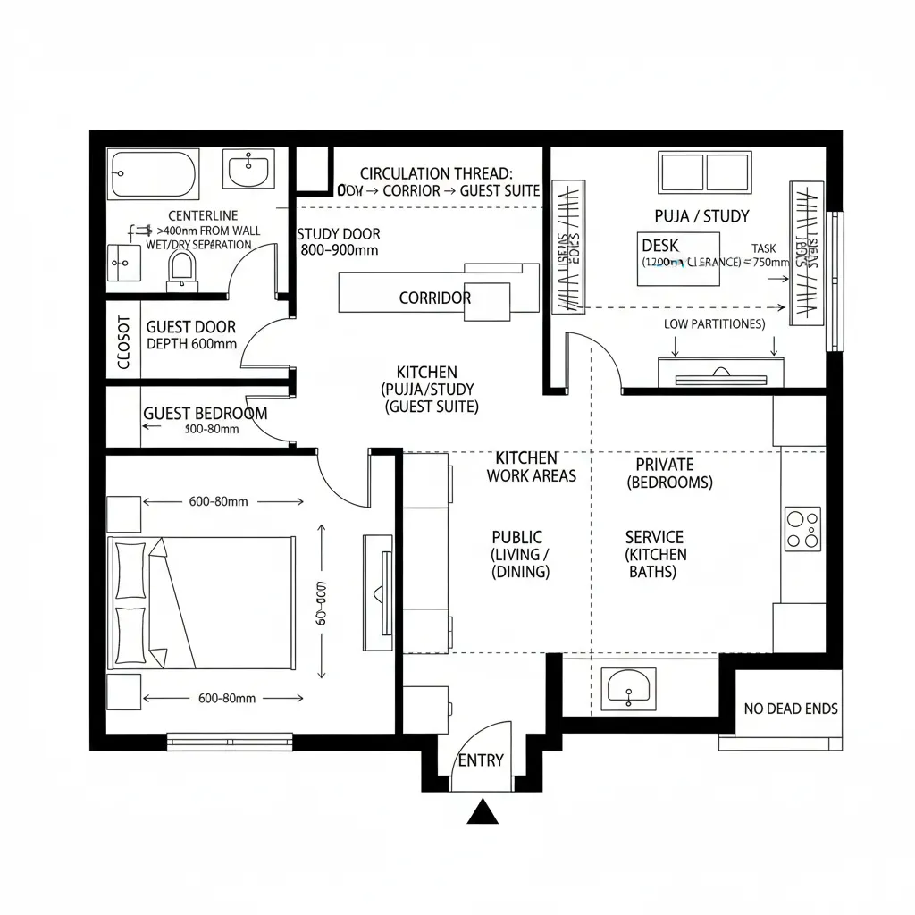 Floor plan layout drawing showing bedroom kitchen study room entry and bathroom with labeled living zones