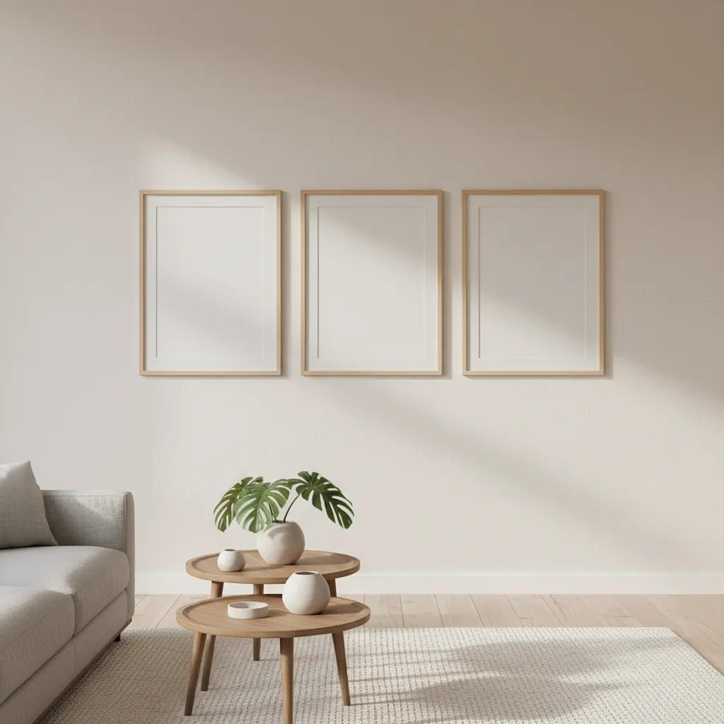 Minimalist wall with empty frames spaced widely to show negative space