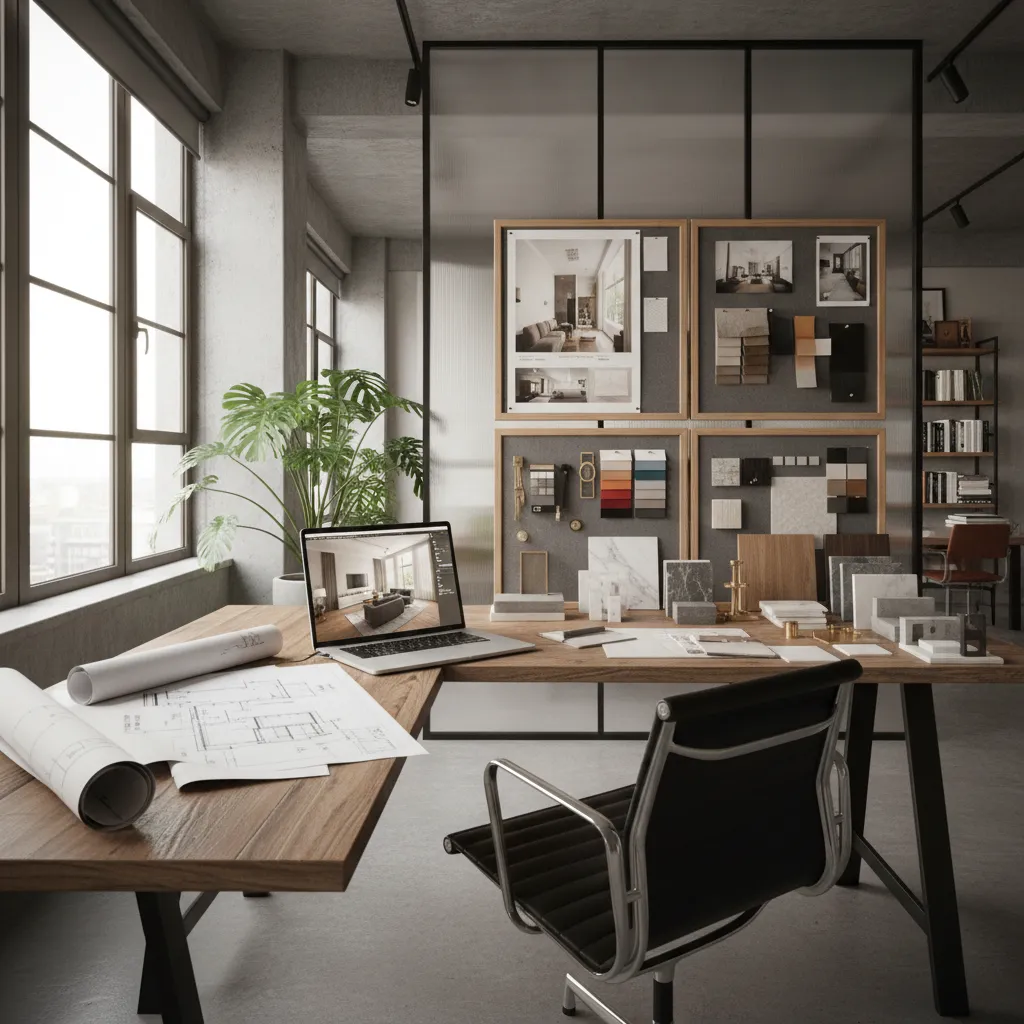 Interior design workspace with wooden desk laptop floor plans material samples and wall mounted boards