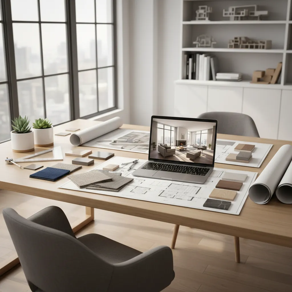 Laptop showing interior design drawing on wooden desk with floor plans and various fabric items