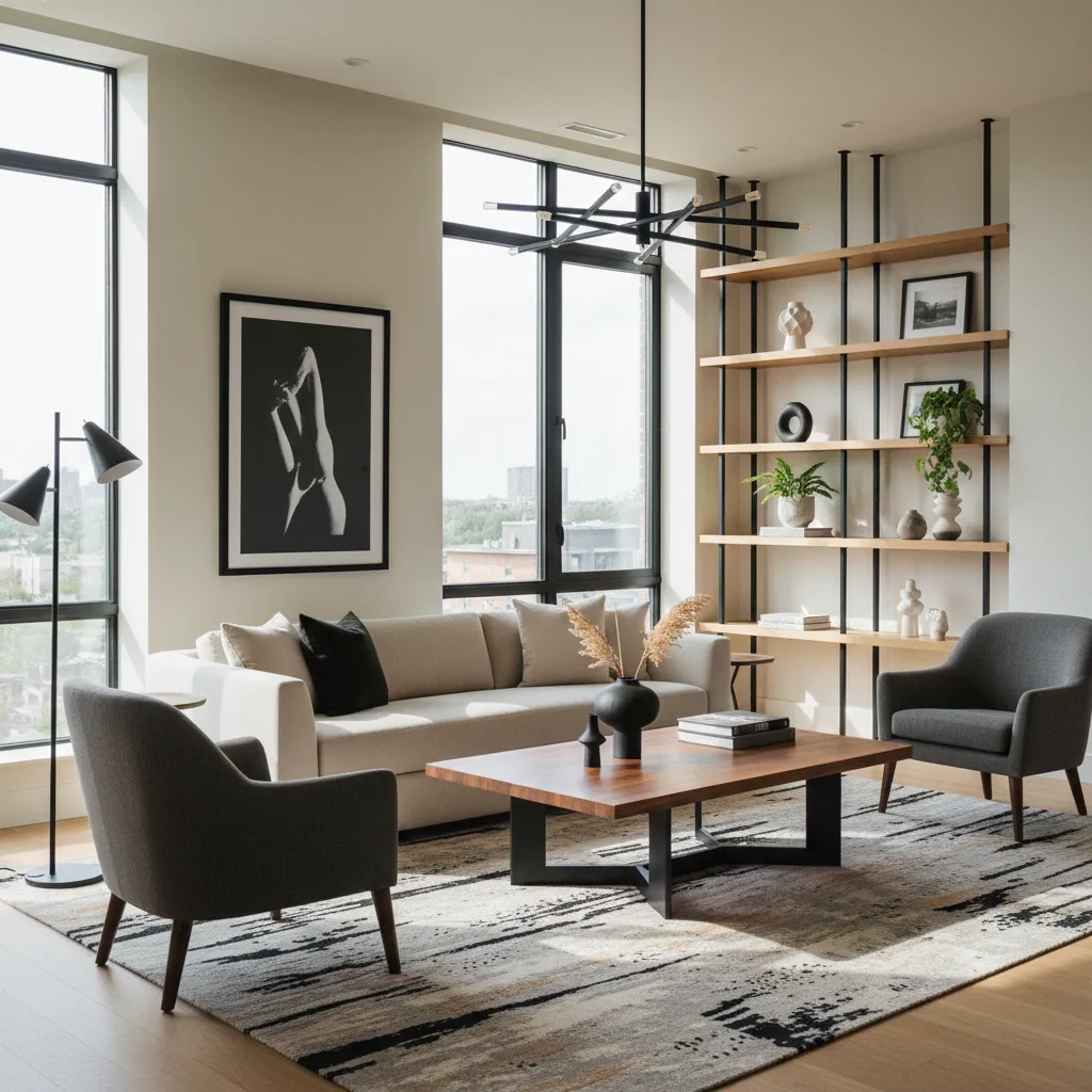 Modern living room with beige sofa grey chairs wooden coffee table tall shelves ceiling light