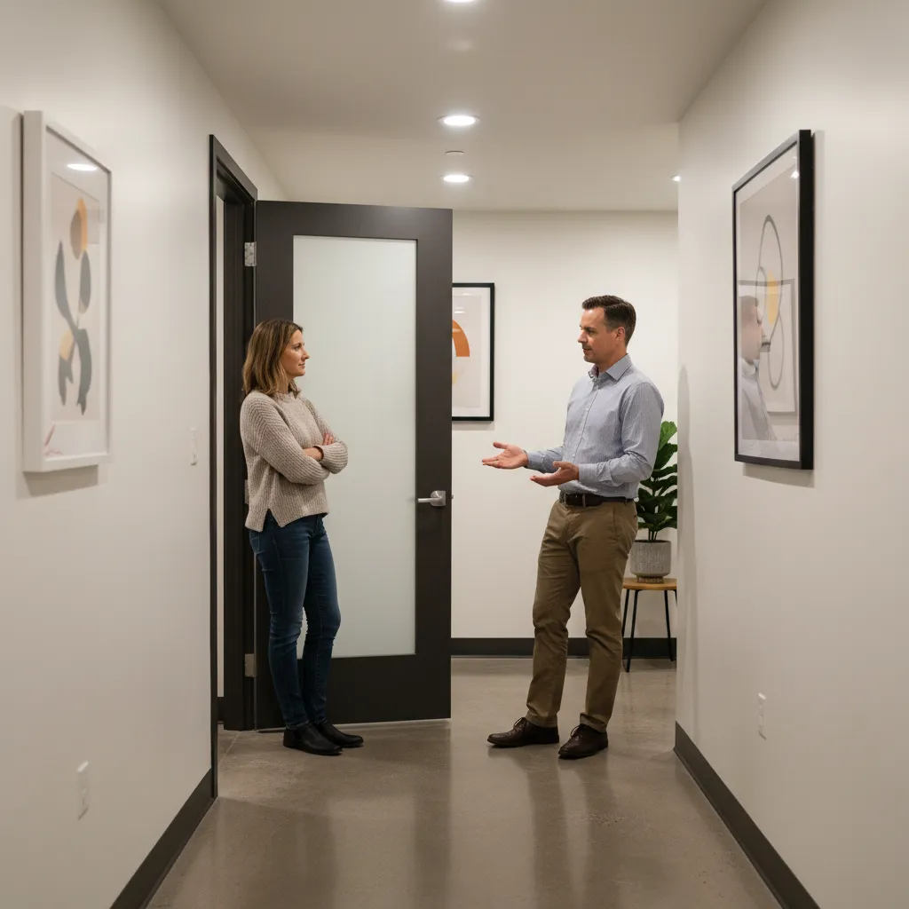 Two apartment neighbors calmly discussing noise issue at apartment doorway