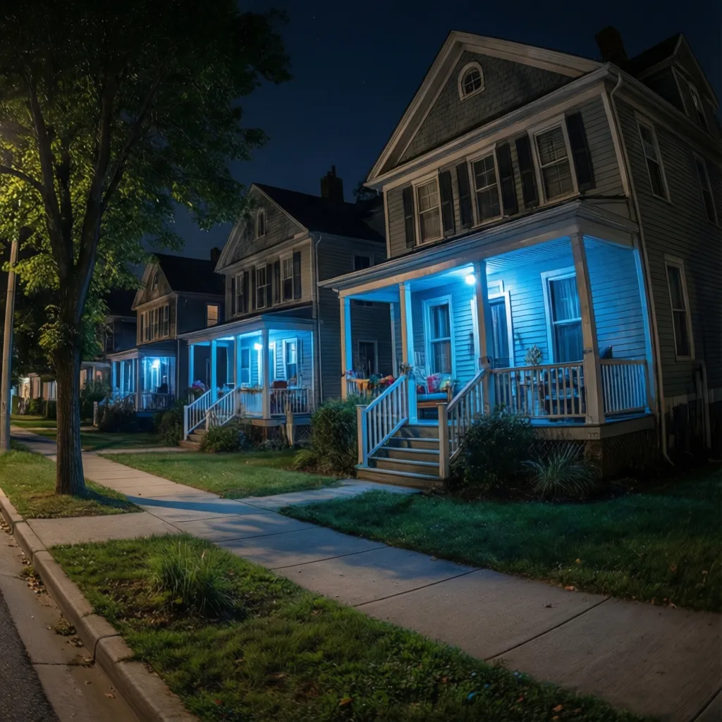street of houses illuminated with blue porch lights during a community event