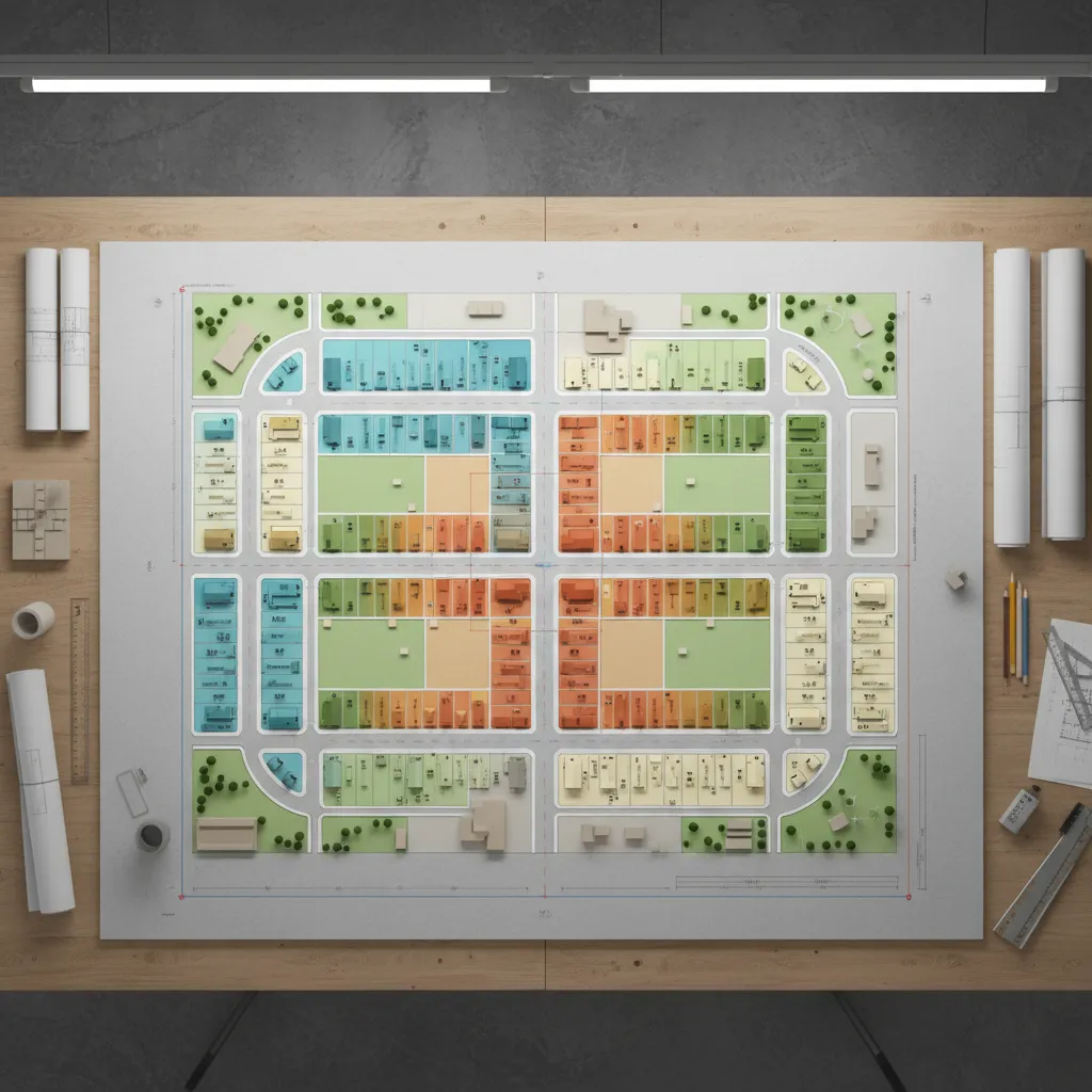 top view neighborhood planning map showing varied house color distribution