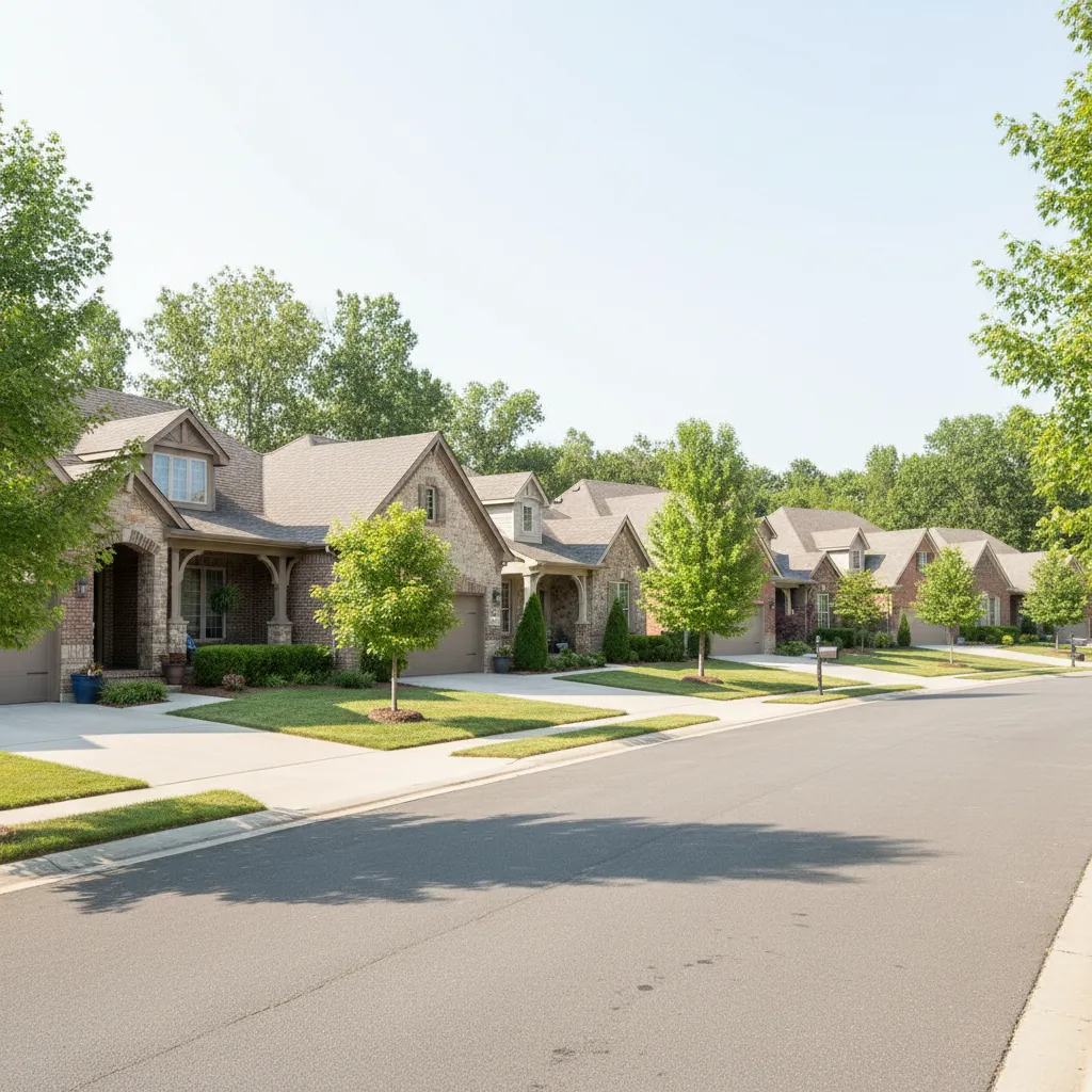 suburban street showing multiple homes with similar landscaping standards