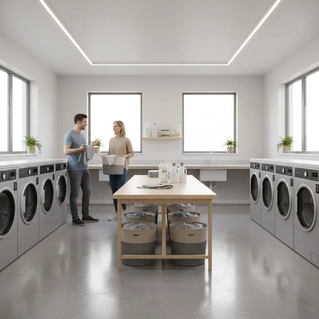 Two apartment residents talking in shared laundry room near dryers