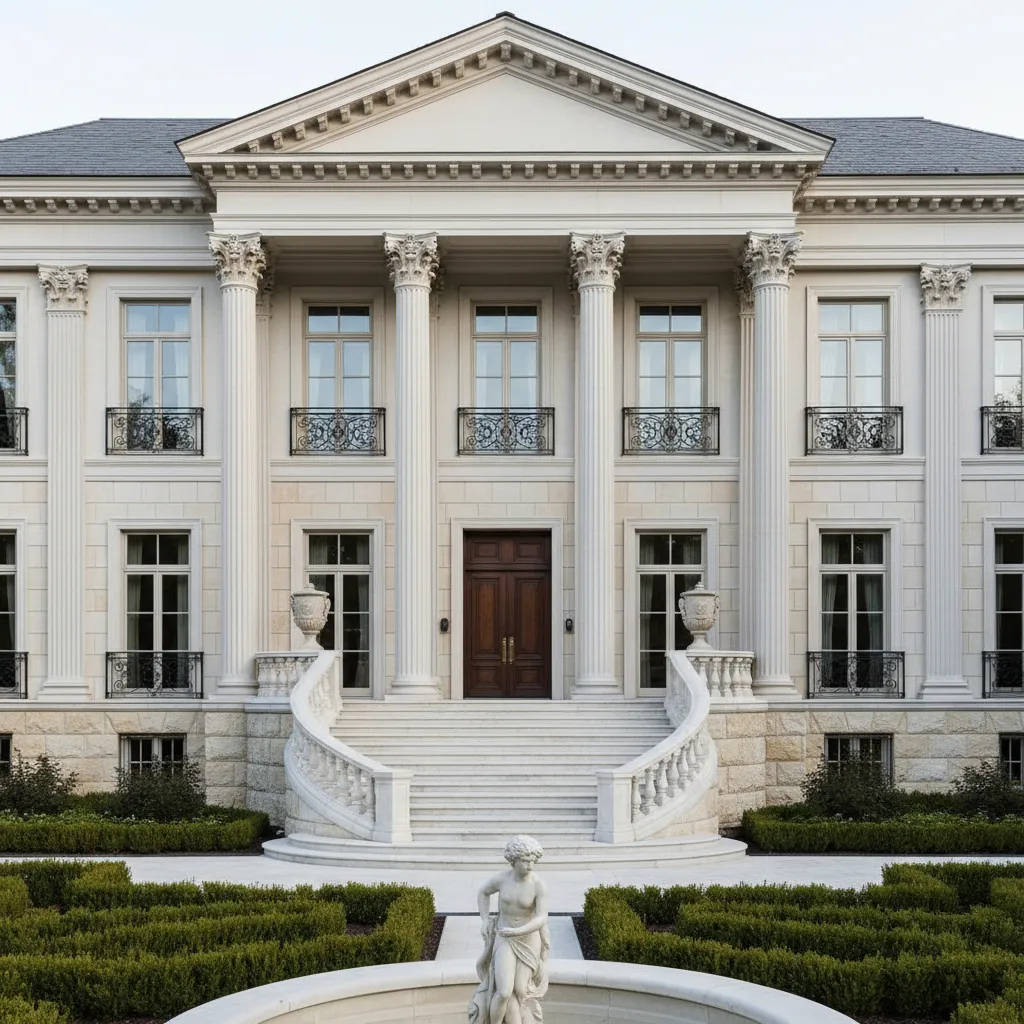 Large white luxury house exterior with tall columns grand staircase garden hedges and stone statue