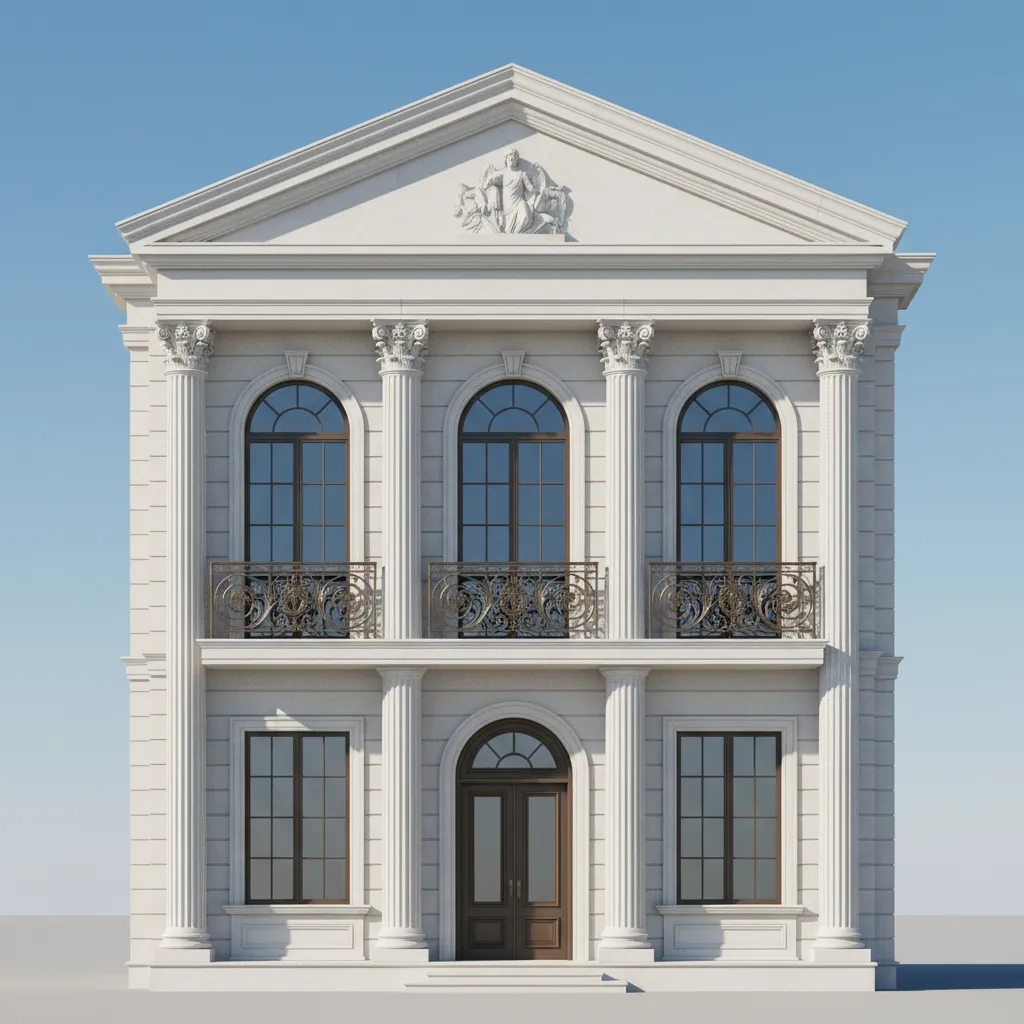 Two story white house with large columns arched windows iron balconies and a triangular roof