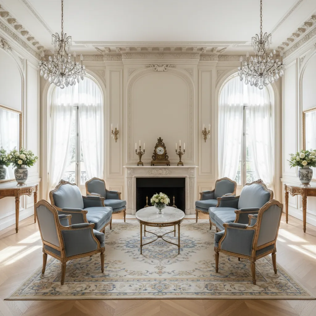 Interior neoclásico elegante con proporciones equilibradas y decoración inspirada en la antigüedad