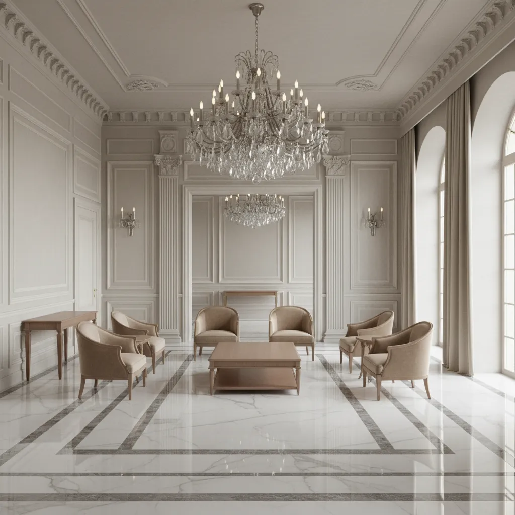 Grand room featuring marble floor crystal ceiling light beige chairs wooden table and wall panels
