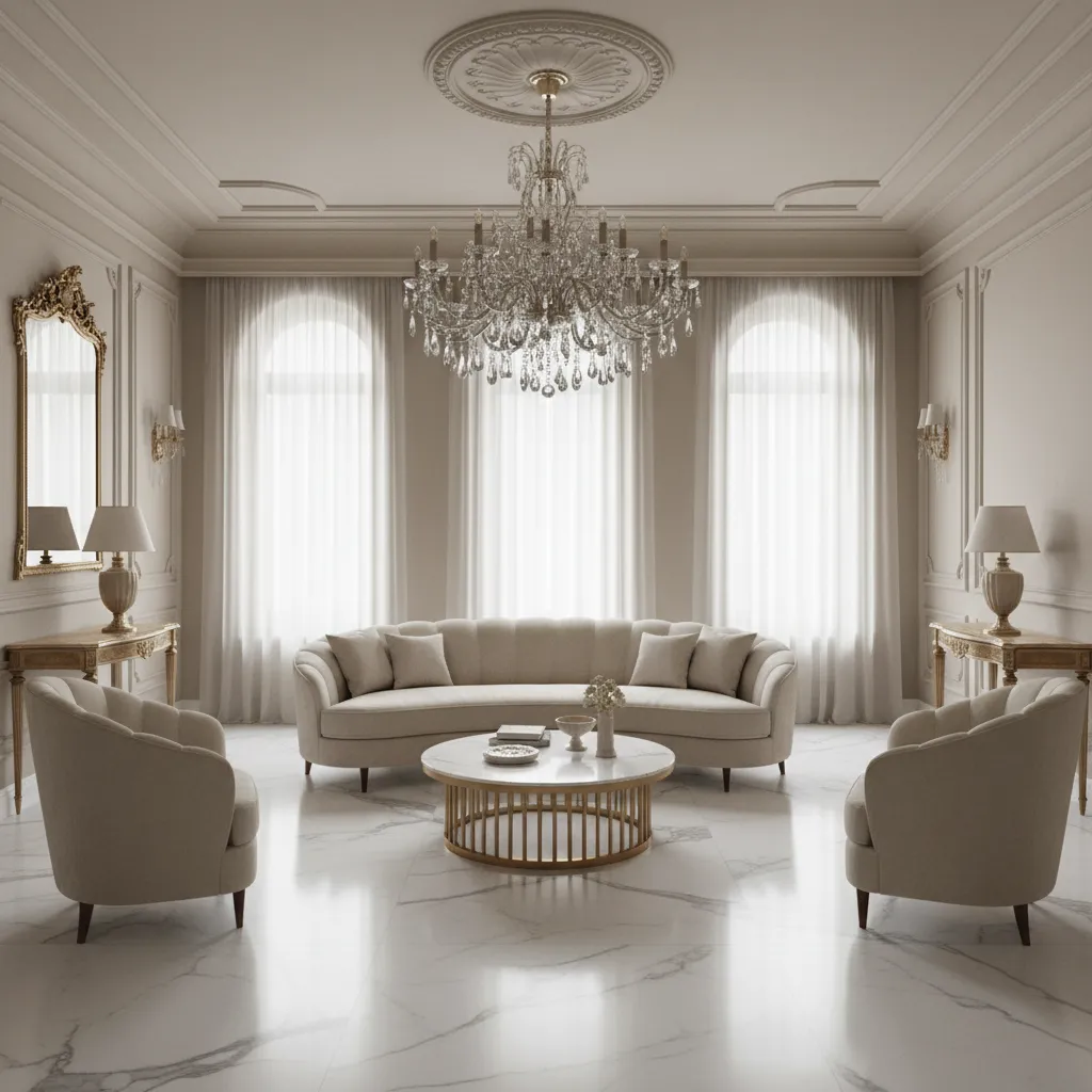 Elegant living room with beige sofa marble floor large ceiling light arched windows and curtains