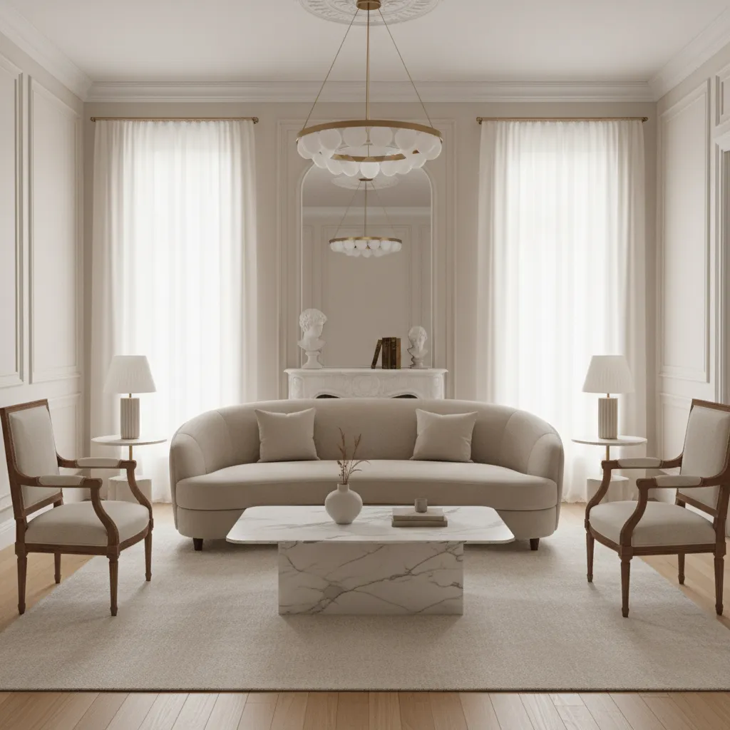 Modern living room with curved sofa marble table two chairs gold ceiling light and curtains
