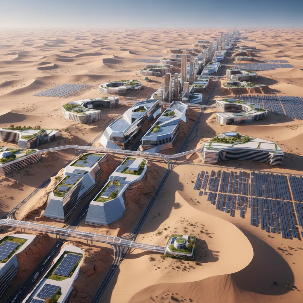 Concept visualization of NEOM futuristic urban development in desert landscape