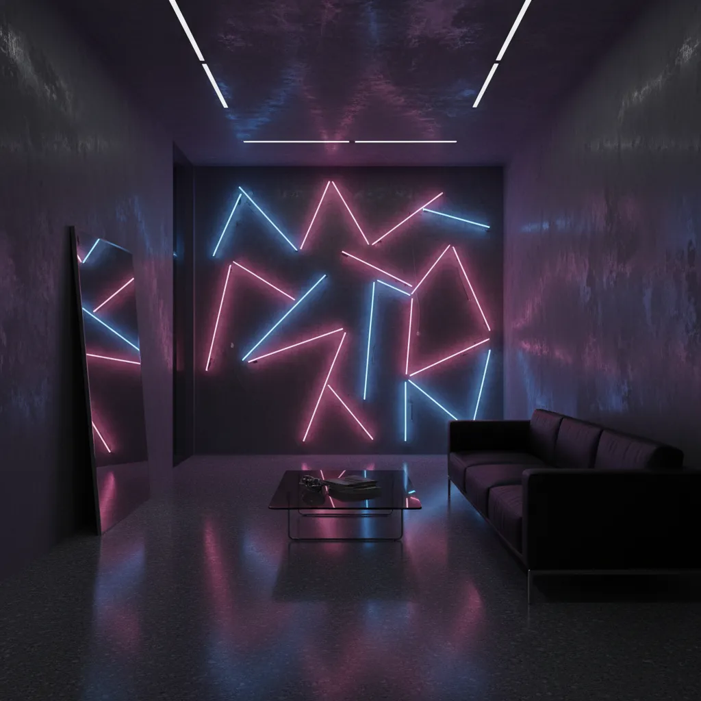 3D rendered neon wall sign glowing inside a dark modern interior