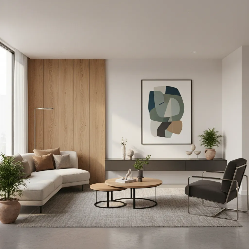 Modern living room with white sofa wood wall panel nested round coffee tables and armchair