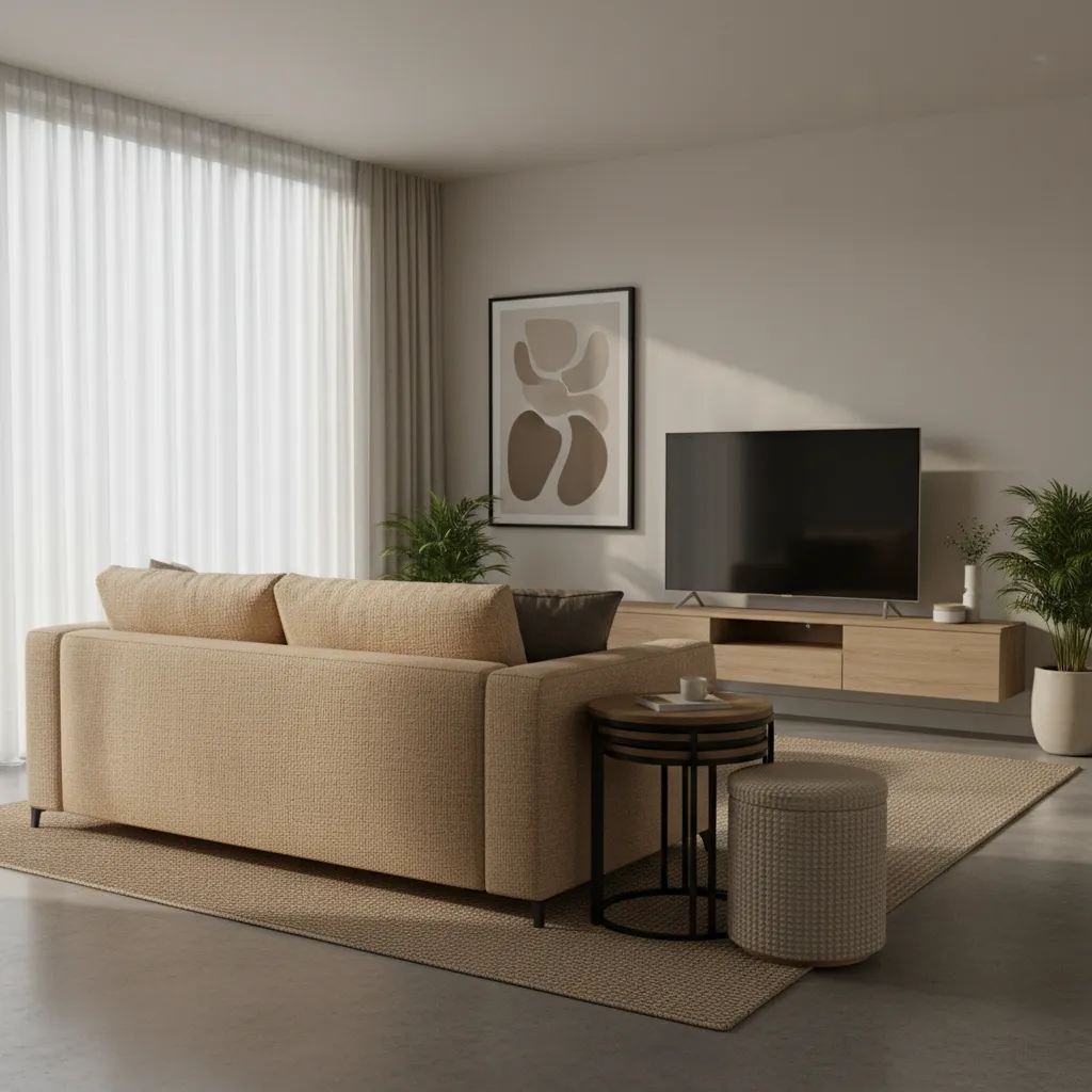 Modern living room with nesting stools and storage stool near sofa