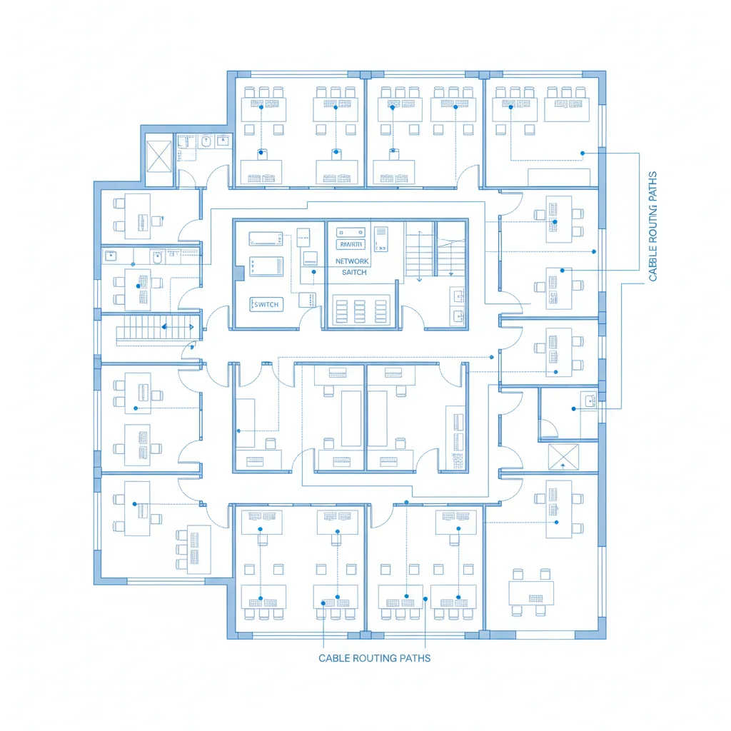 Network device placement diagram on office floor plan showing switches routers and cable paths