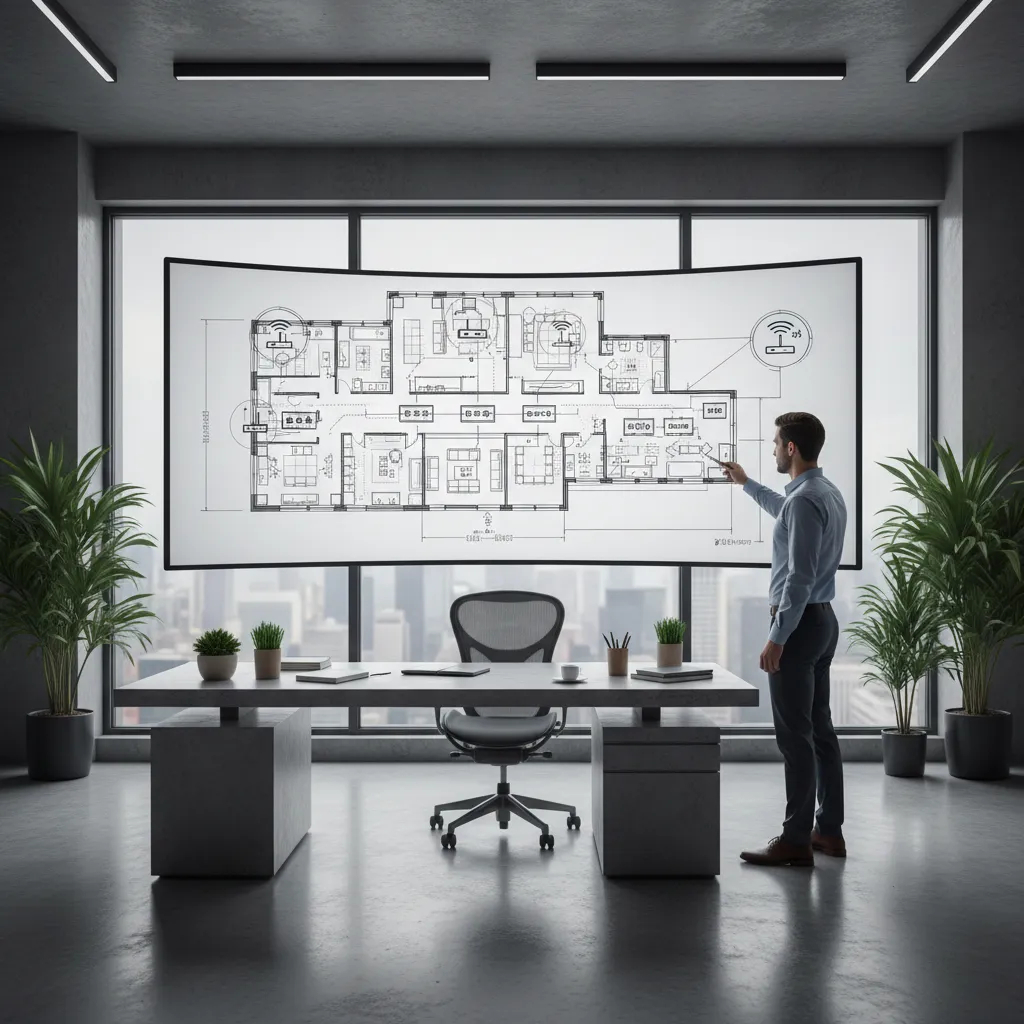 Architect reviewing a digital network floor plan with device icons placed on a building layout