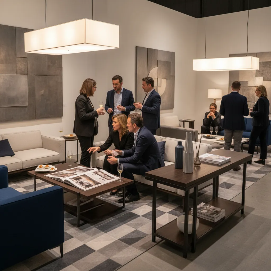 Decoradores y arquitectos conversando en un evento de diseño